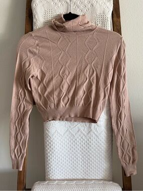 SHEIN Nude Beige Cable Knit Turtleneck Lightweight Fitted Cropped Sweater